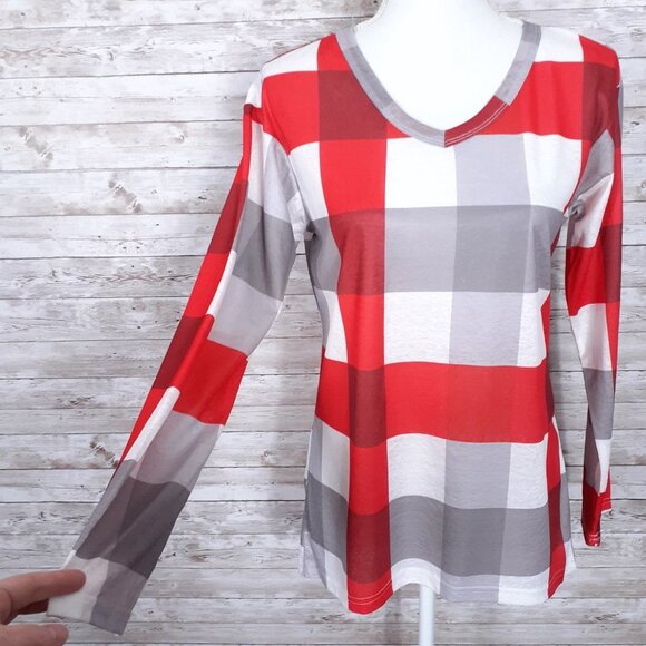 Suvimuga VNeck Top M Long Sleeved Red Gray Plaid 357A - Picture 3 of 7